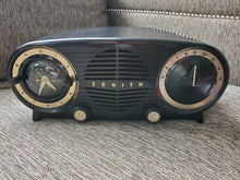Load image into Gallery viewer, Vintage 1950s Zenith Art Deco S-19501 Owl Eyes Tube Radio w/Alarm Clock