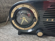 Load image into Gallery viewer, Vintage 1950s Zenith Art Deco S-19501 Owl Eyes Tube Radio w/Alarm Clock