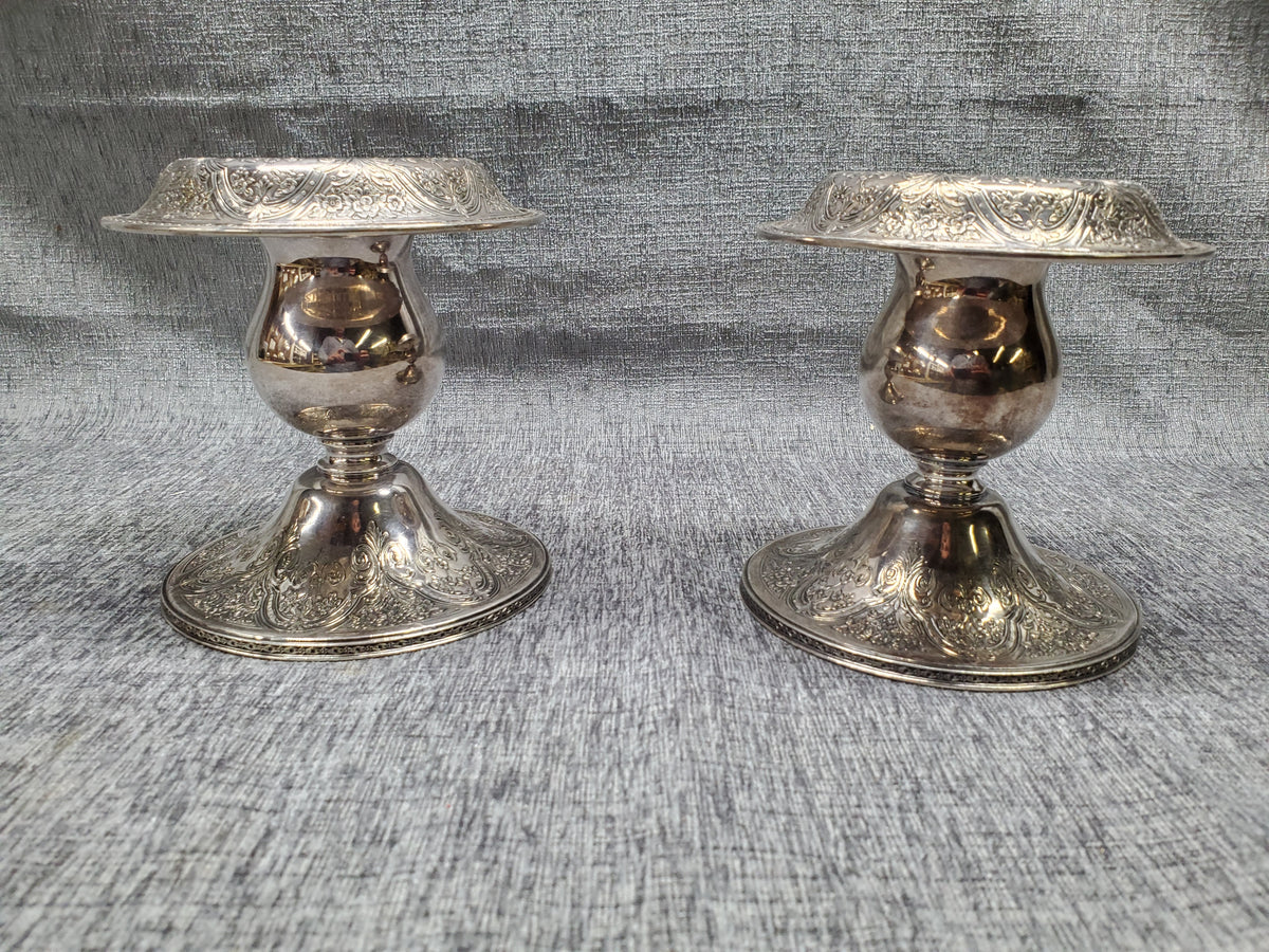 Beautiful matching silver plate candle holders 8 inches tall in very tradational pattern handmade on sale in India for International Silver Co.