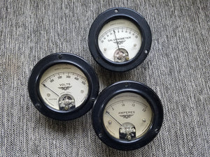 Vintage Jewell Volts Amps Galvanometer Gauges set of 3 from 1930's Bentley Wing