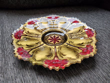 Load image into Gallery viewer, GORGEOUS COLORED PLATE GOOFUS GLASS CARNIVAL GLASS Gold and Red Flourishes
