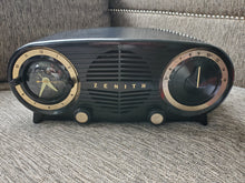 Load image into Gallery viewer, Vintage 1950s Zenith Art Deco S-19501 Owl Eyes Tube Radio w/Alarm Clock
